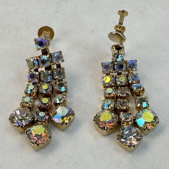 VTG Aurora Borealis Rhinestone Dangle Screw Back Earrings Gold Tone Multi-Row - Picture 1 of 8